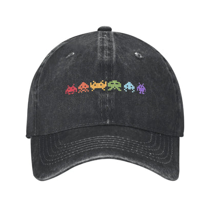 Space Invaders Pixelated Distressed Washed Denim Baseball Cap