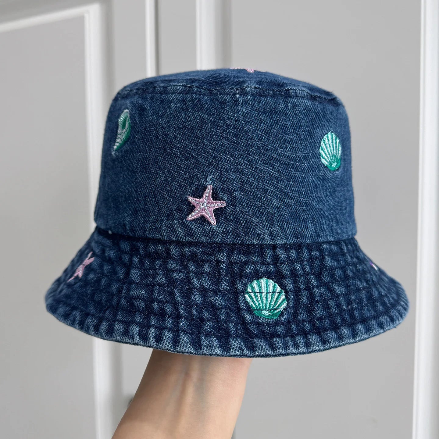 Sea Shell Embroidered Denim Bucket Hat