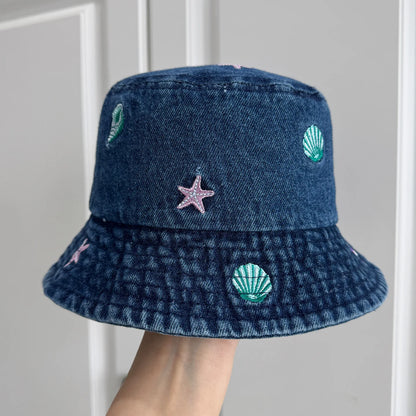 Sea Shell Embroidered Denim Bucket Hat