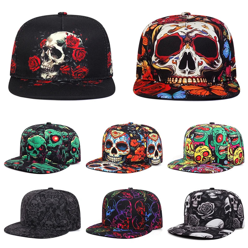 Skeleton Printed Unisex Streetwear Flat Brim Snapback Cap
