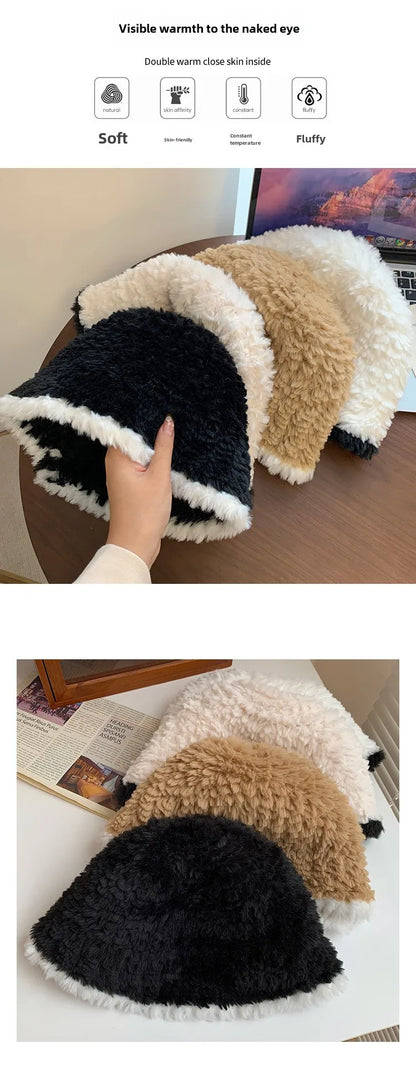 Black Plush Bucket Hat For Women Autumn And Winter