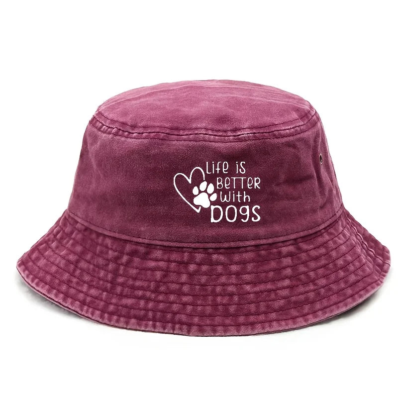 Life Is Better With A Dog Paw Print Washed Black Bucket Hat