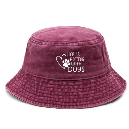 Life Is Better With A Dog Paw Print Washed Black Bucket Hat