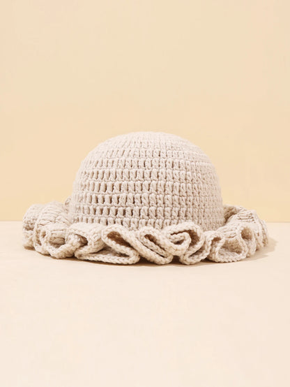 Women Vintage Crochet Black Ruffled Bucket Hat