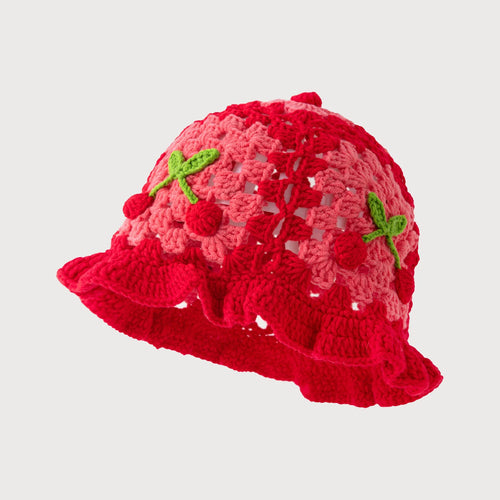 3D Cherry Crochet Ruffled Bucket Hat