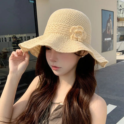 Women Elegant Flower Knitted Wide Brim Bucket Hat