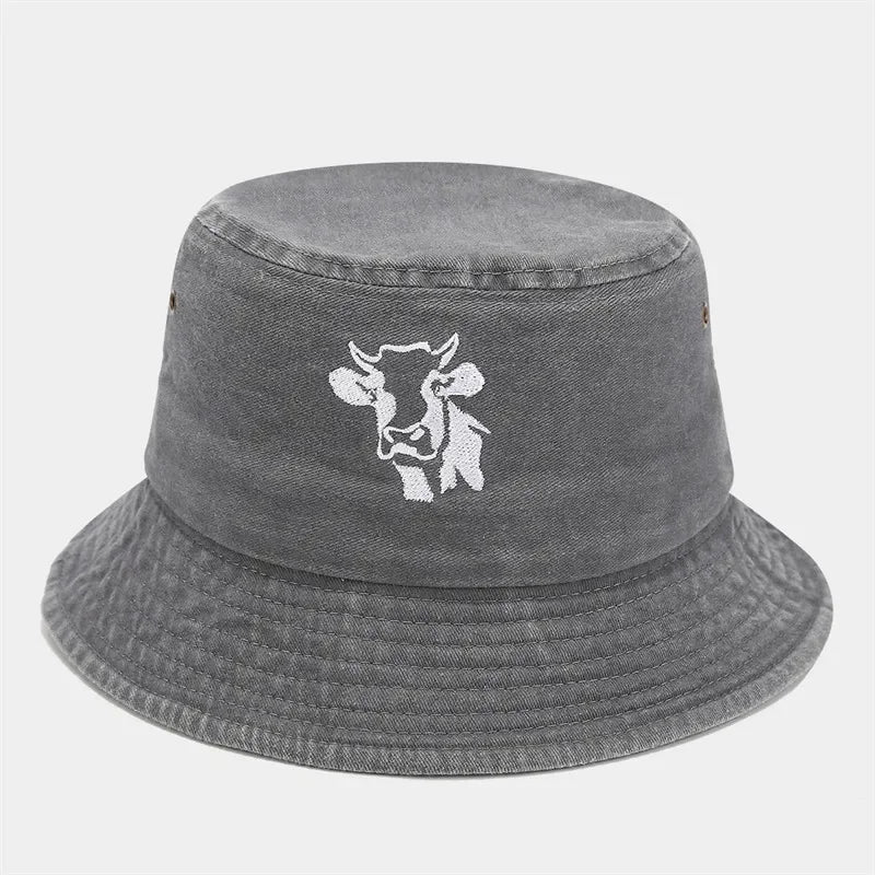 Animal Embroidered Cotton Bucket Hat Outdoor Travel Cap