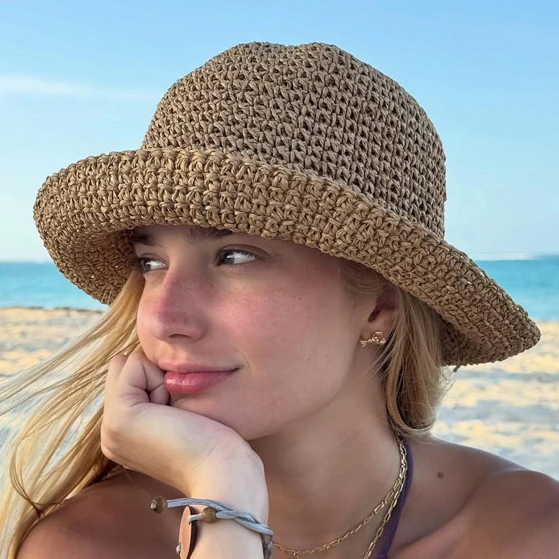 Foldable Crochet Straw Wide Brim Beach Bucket Hat