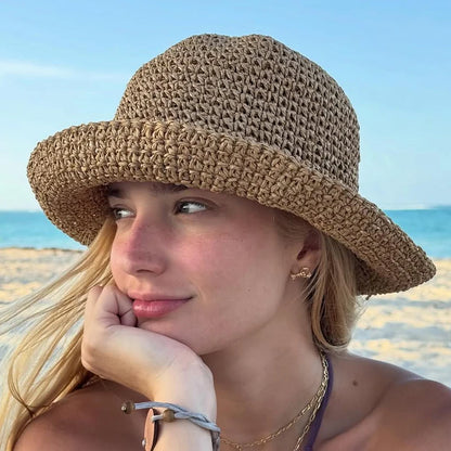 Foldable Crochet Straw Wide Brim Beach Bucket Hat