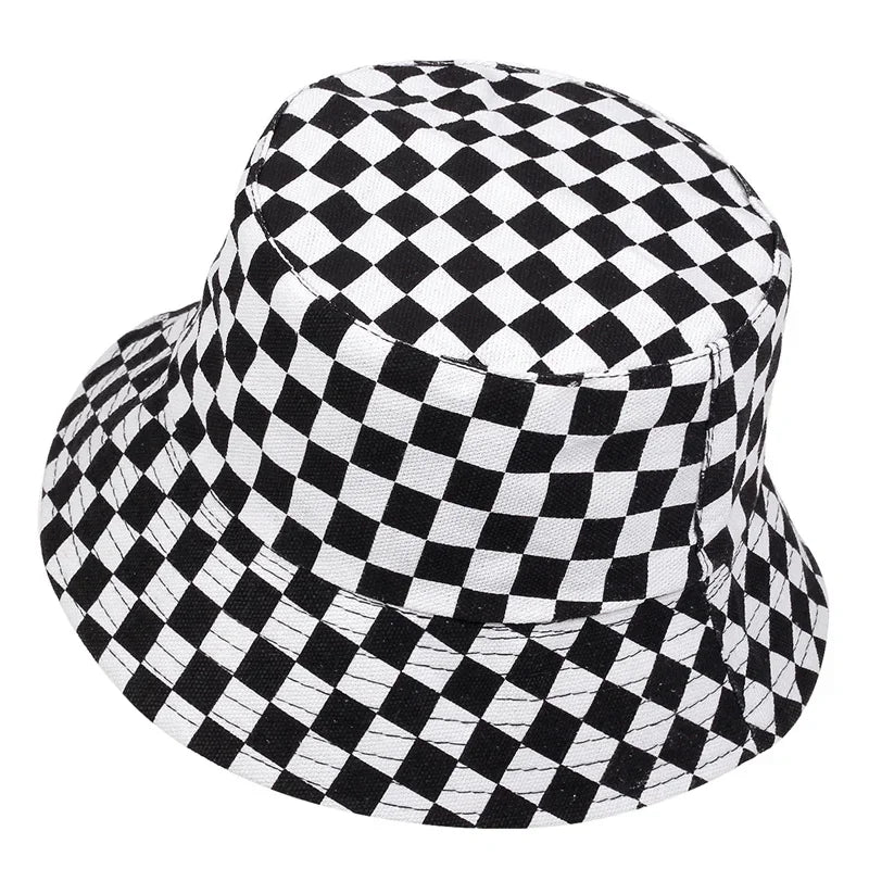 Unisex Black And White Grid Double Sided Bucket Hat