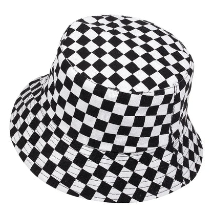 Unisex Black And White Grid Double Sided Bucket Hat
