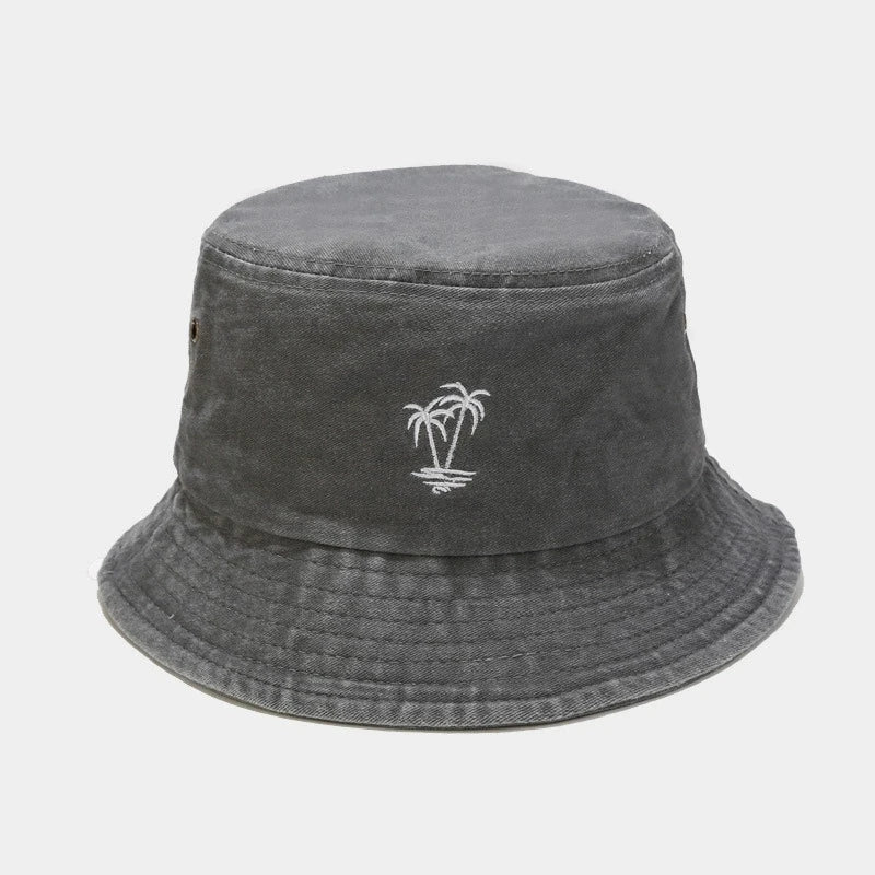 Palm Tree Embroidered Washed Bucket Hat