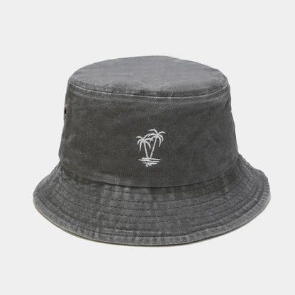 Palm Tree Embroidered Washed Bucket Hat