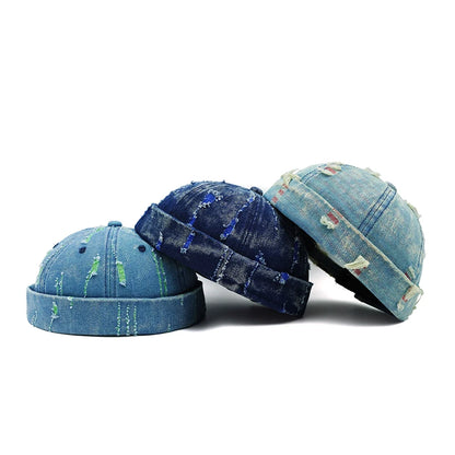 Tear Broken Denim Docker Cap Colorful Brimless Caps