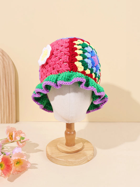 Women Flower Wool Hollow Knitted Fisherman Hat
