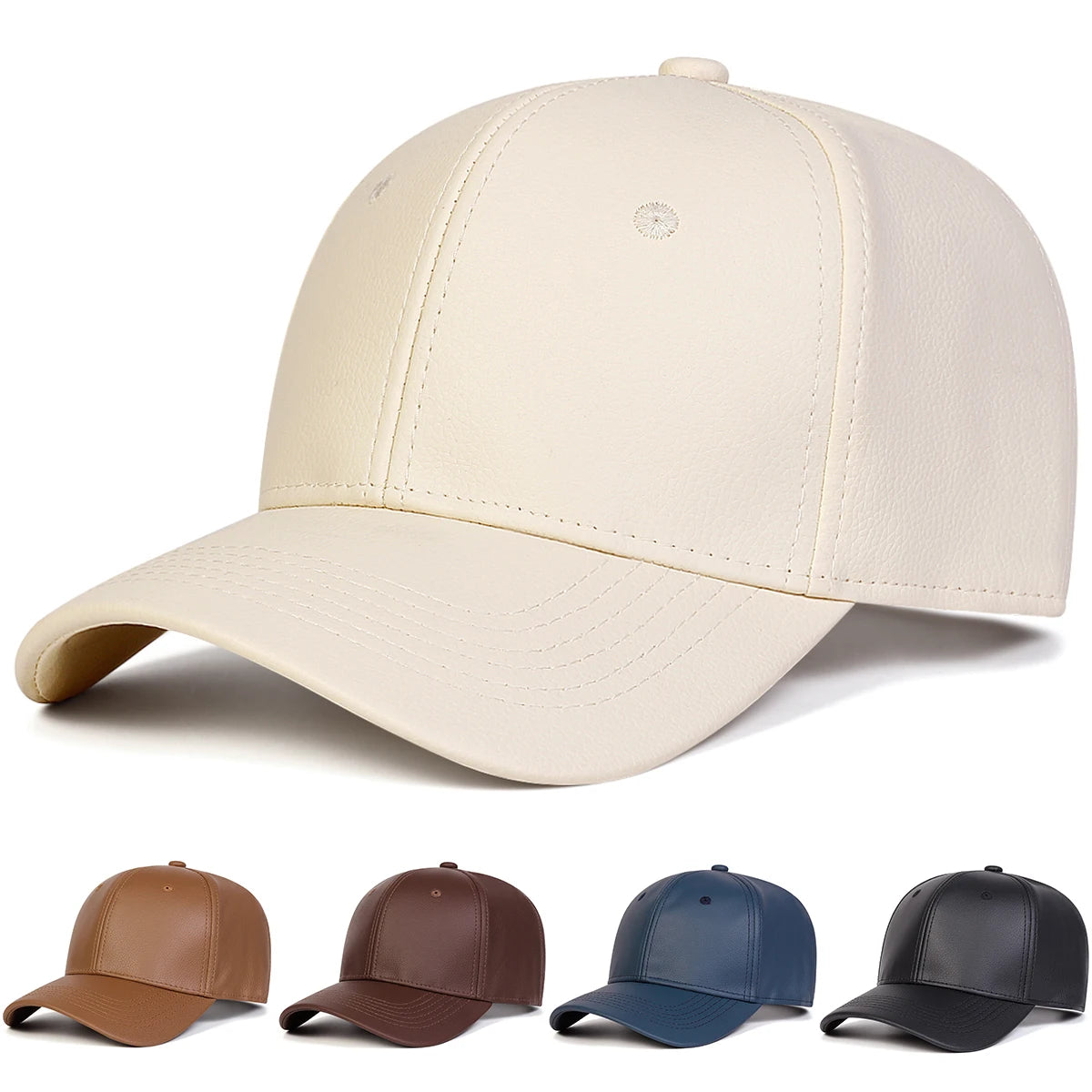 Solid Color PU Leather Adjustable Snapback cap