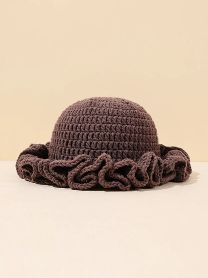 Women Vintage Crochet Black Ruffled Bucket Hat