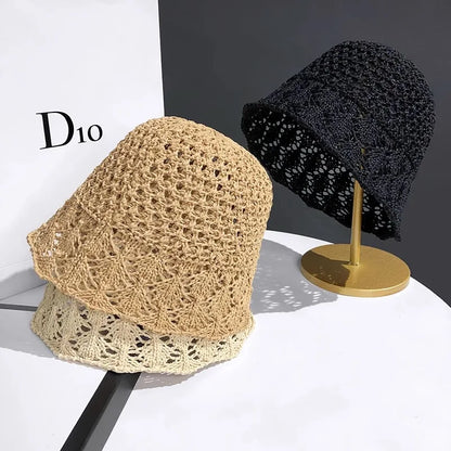 Women Breathable Crochet Straw Sun Bucket Hat