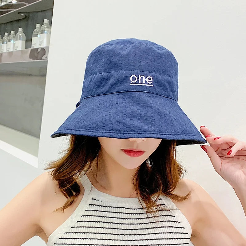 Womens ‘ONE‘ Letter Embroidery Double-Sided Cotton Bucket Hat
