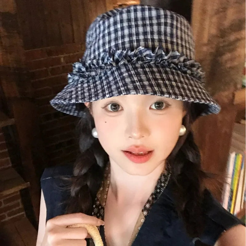 Women Plaid Lace Wide Brim Bucket Hat