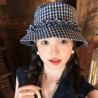 Women Plaid Lace Wide Brim Bucket Hat