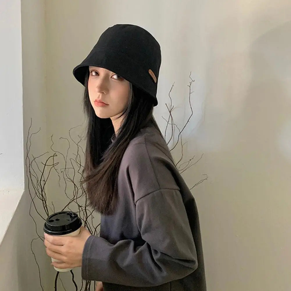 Soft Cotton Solid Color Sun Hats Black Foldable Bucket Hat