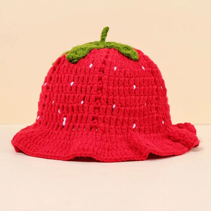 Women Strawberry Crochet Ruffle Fisherman Bucket Hat