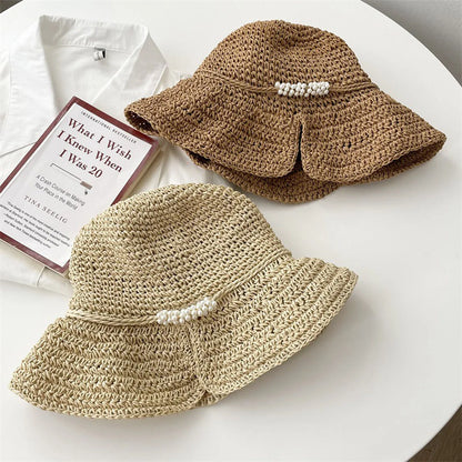 Women Pearl Straw Crochet Foldable Bucket Hat