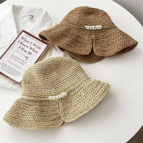 Women Pearl Straw Crochet Foldable Bucket Hat
