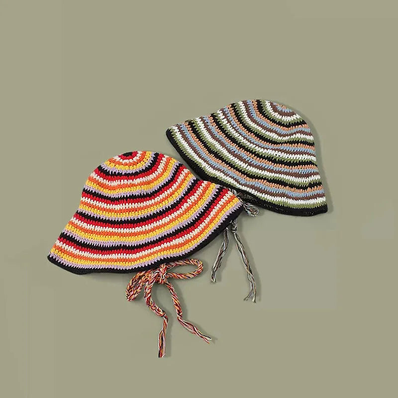 Women Striped Crochet Braided Bucket Hat