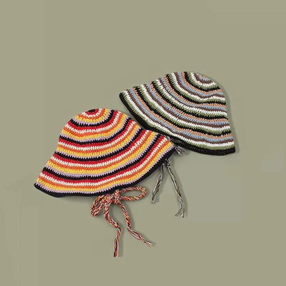 Women Striped Crochet Braided Bucket Hat