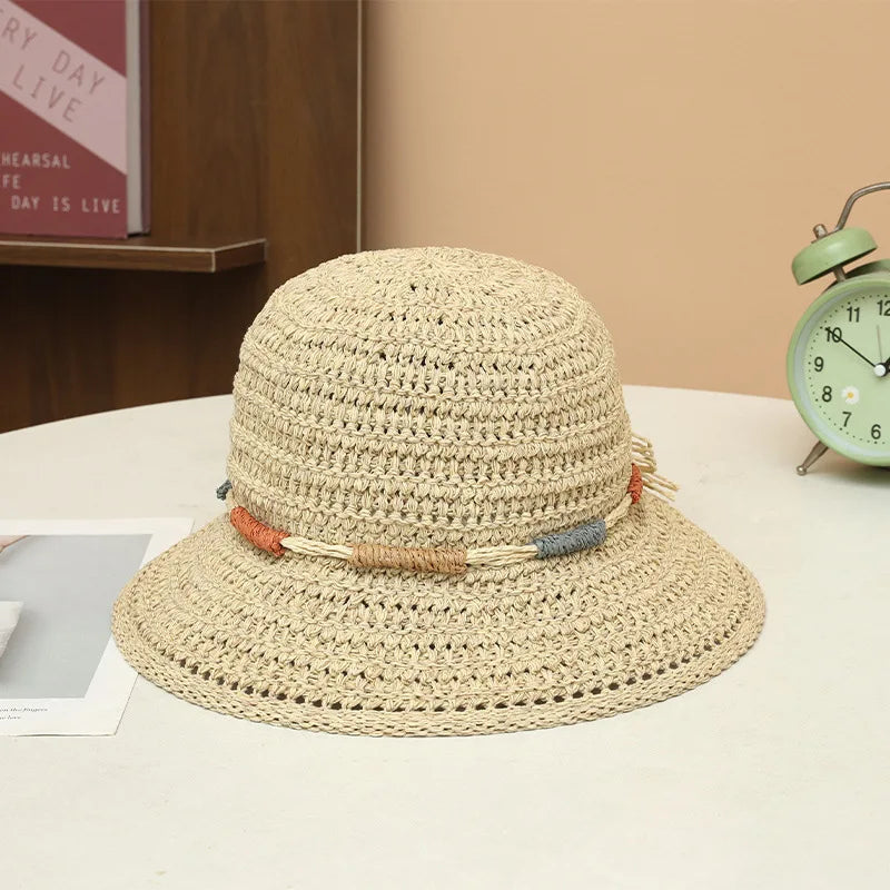 Women Wide Brim Crochet Straw Bucket Hat