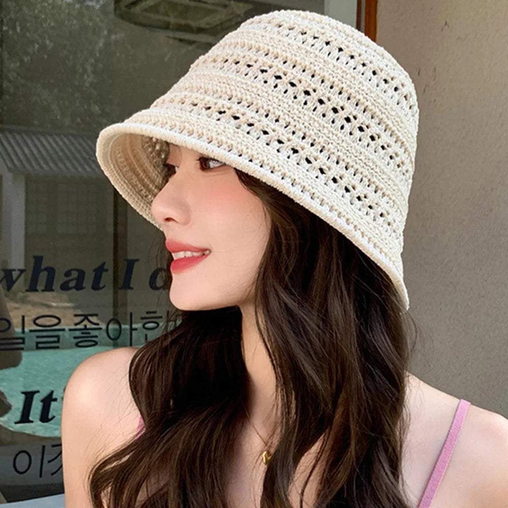 Hollow Knitted Straw Crochet Bucket Hat
