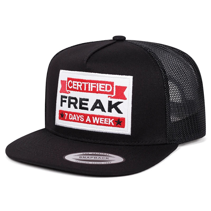 Freak Embroidered Mesh Flat Brim Snapback Cap