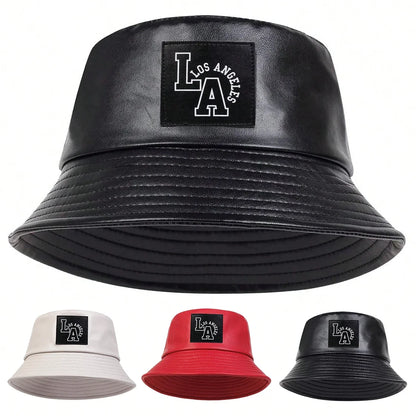 LA Letter PU Leather Bucket Hat