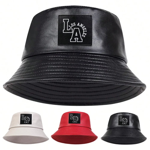 LA Letter PU Leather Bucket Hat