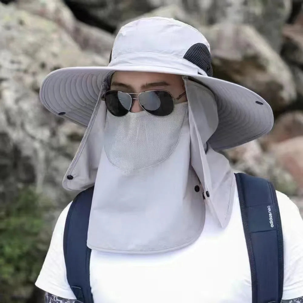 Adjustable Wide Brim UV Protection Bucket Hat With Face Mask