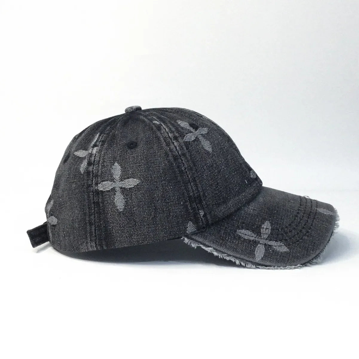Cross Denim Baseball Cap With Jacquard Fringe, Vintage Distressed, Cropped Edge Cap For Men & Women