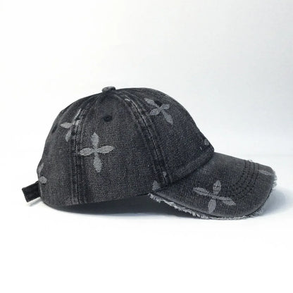 Cross Denim Baseball Cap With Jacquard Fringe, Vintage Distressed, Cropped Edge Cap For Men & Women