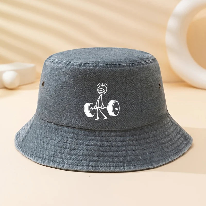 Cartoon Weightlifting Print Outdoor Bucket Hat