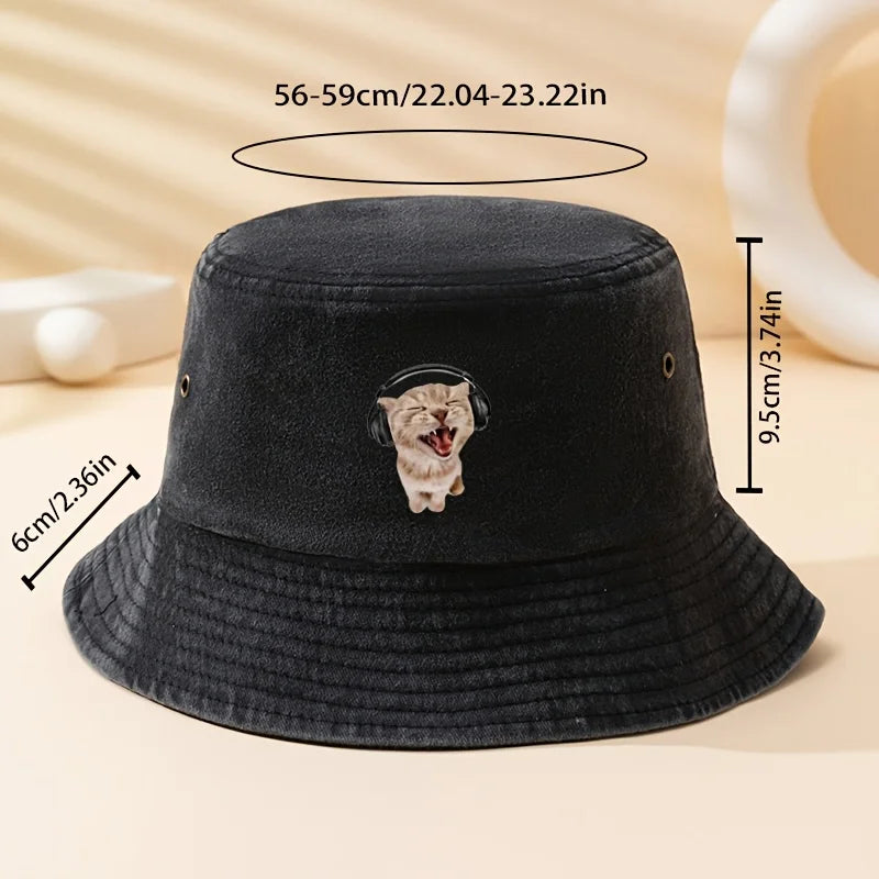 Earphone Cat Print Bucket Hat
