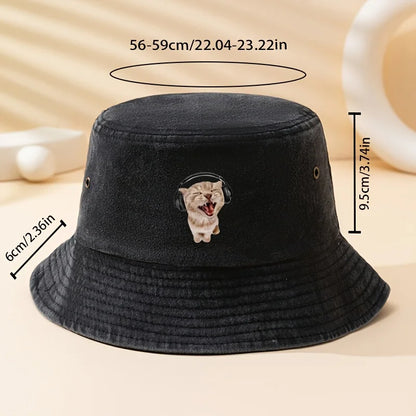 Earphone Cat Print Bucket Hat