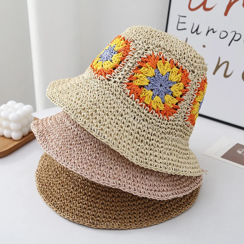 Women Foldable Straw Crochet Flower Bucket Hat