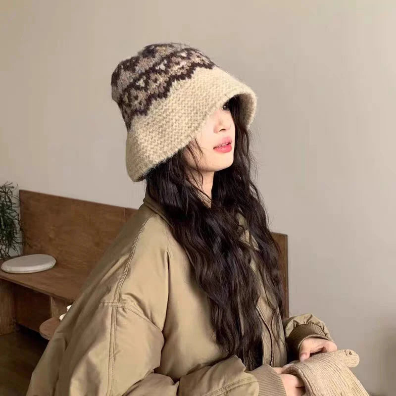 Women Retro Jacquard Knitted Bucket Hat