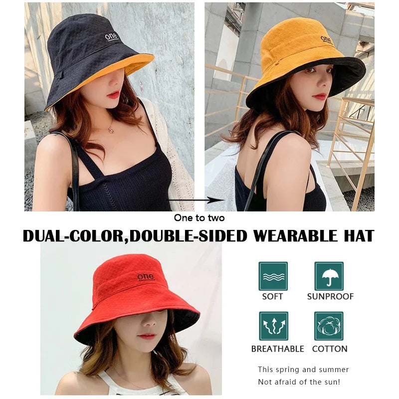 Womens ‘ONE‘ Letter Embroidery Double-Sided Cotton Bucket Hat