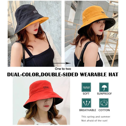 Womens ‘ONE‘ Letter Embroidery Double-Sided Cotton Bucket Hat