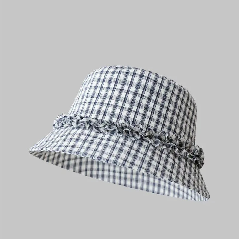 Women Plaid Lace Wide Brim Bucket Hat