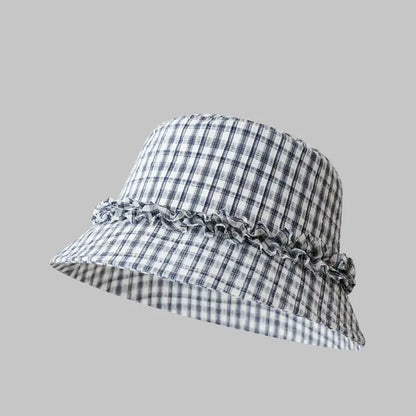 Women Plaid Lace Wide Brim Bucket Hat