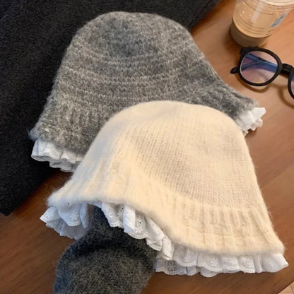 Women Lace Knitted Korean Winter Bucket Hat