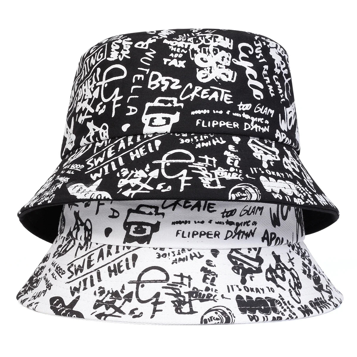 Unisex Black White Graffiti Casual Bucket Hat